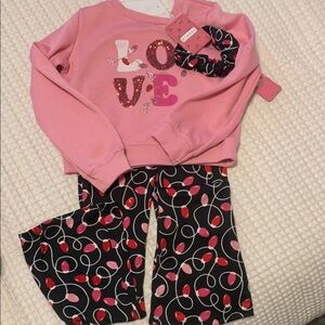 Girls Pink Love Sweatshirt and Black Patterned Pants Set